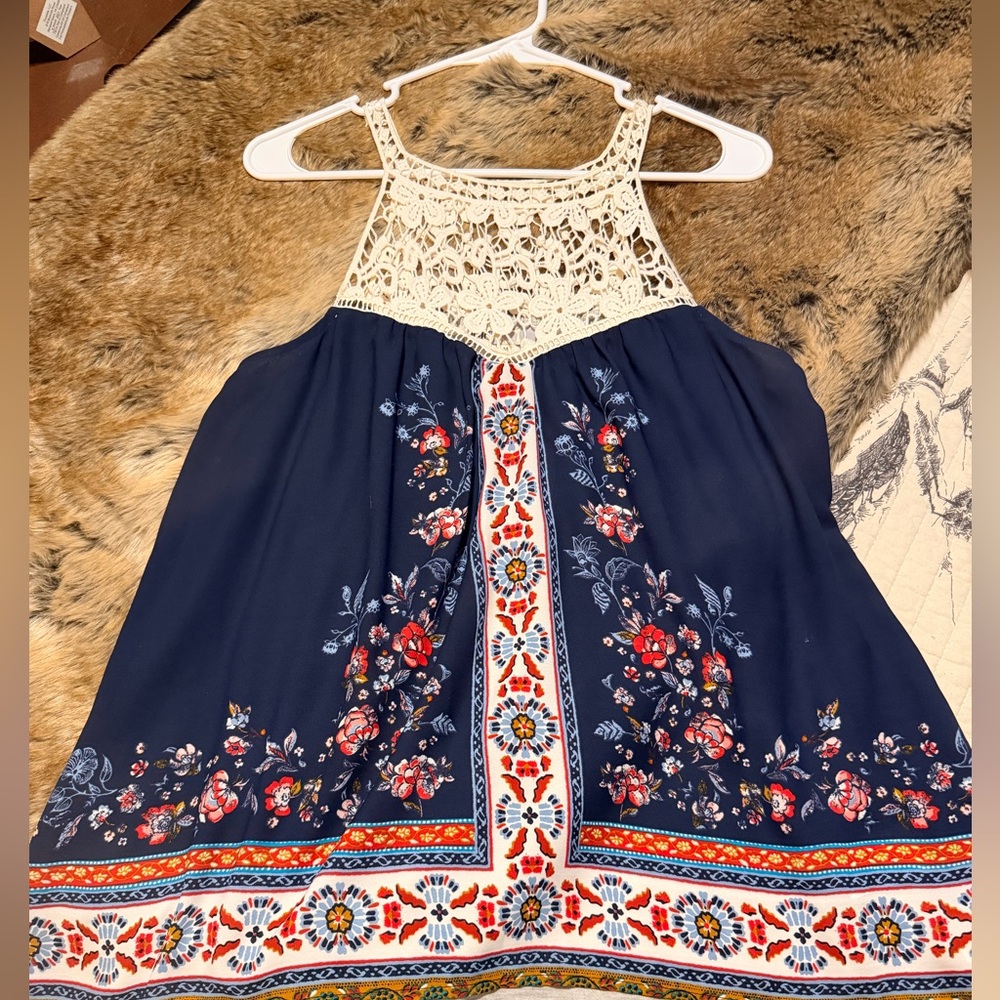 Jolt Navy Crochet Yoke Floral Halter Camisole